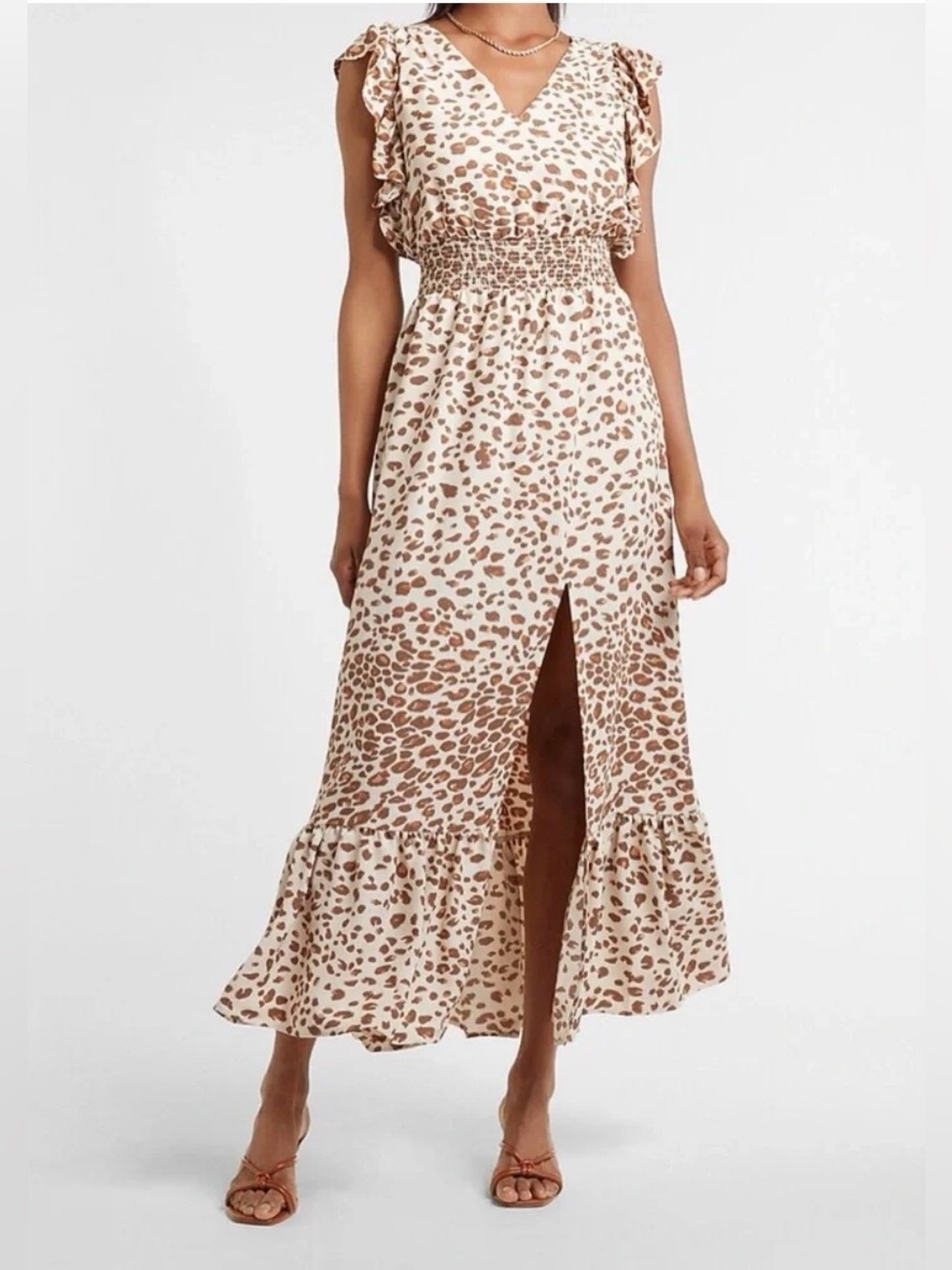 Express Beige Leopard-Print Maxi Dress with Ruffle Detail